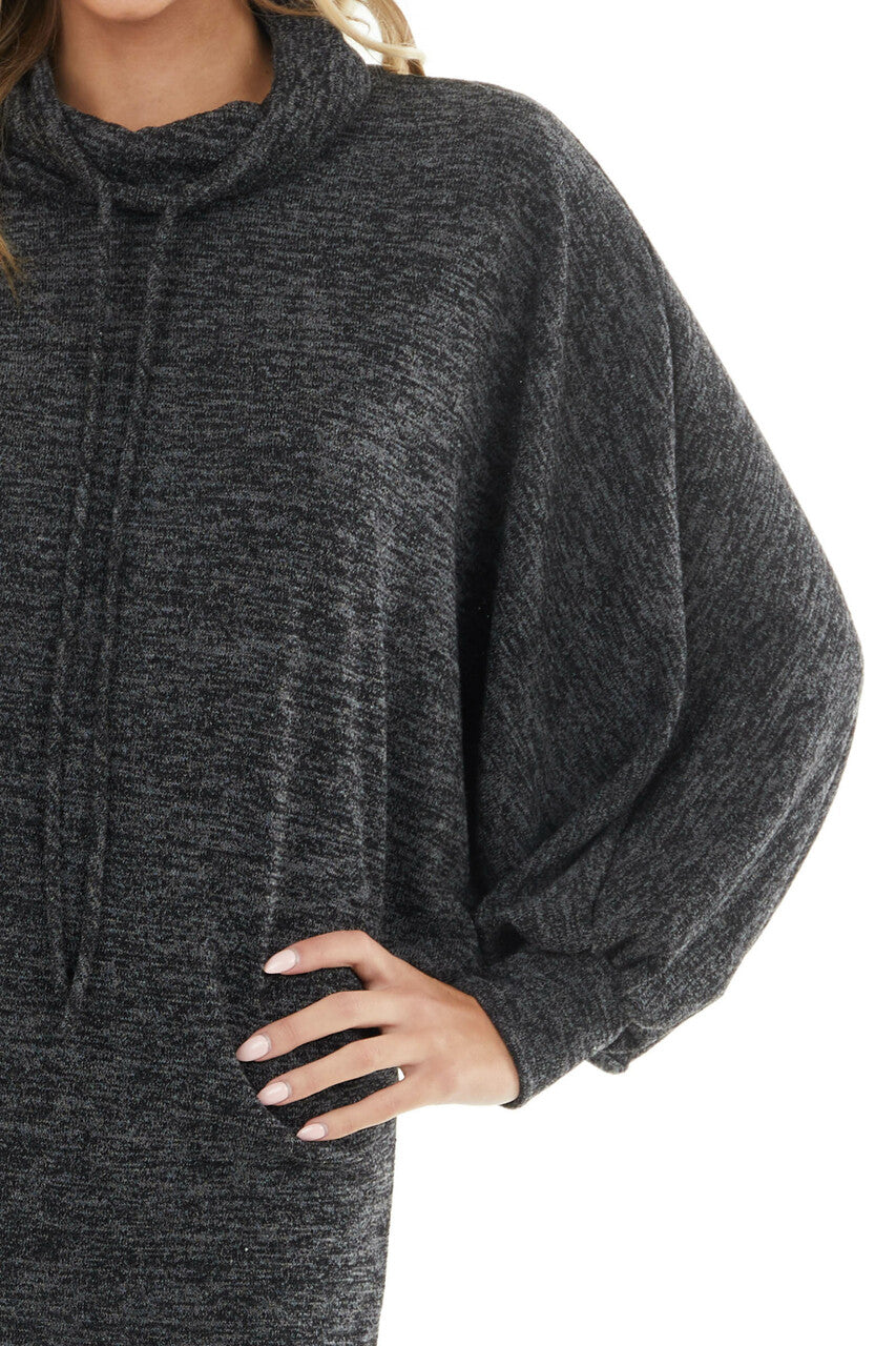 Black Two Tone Long Dolman Sleeve Dress with Cowl Neckline
