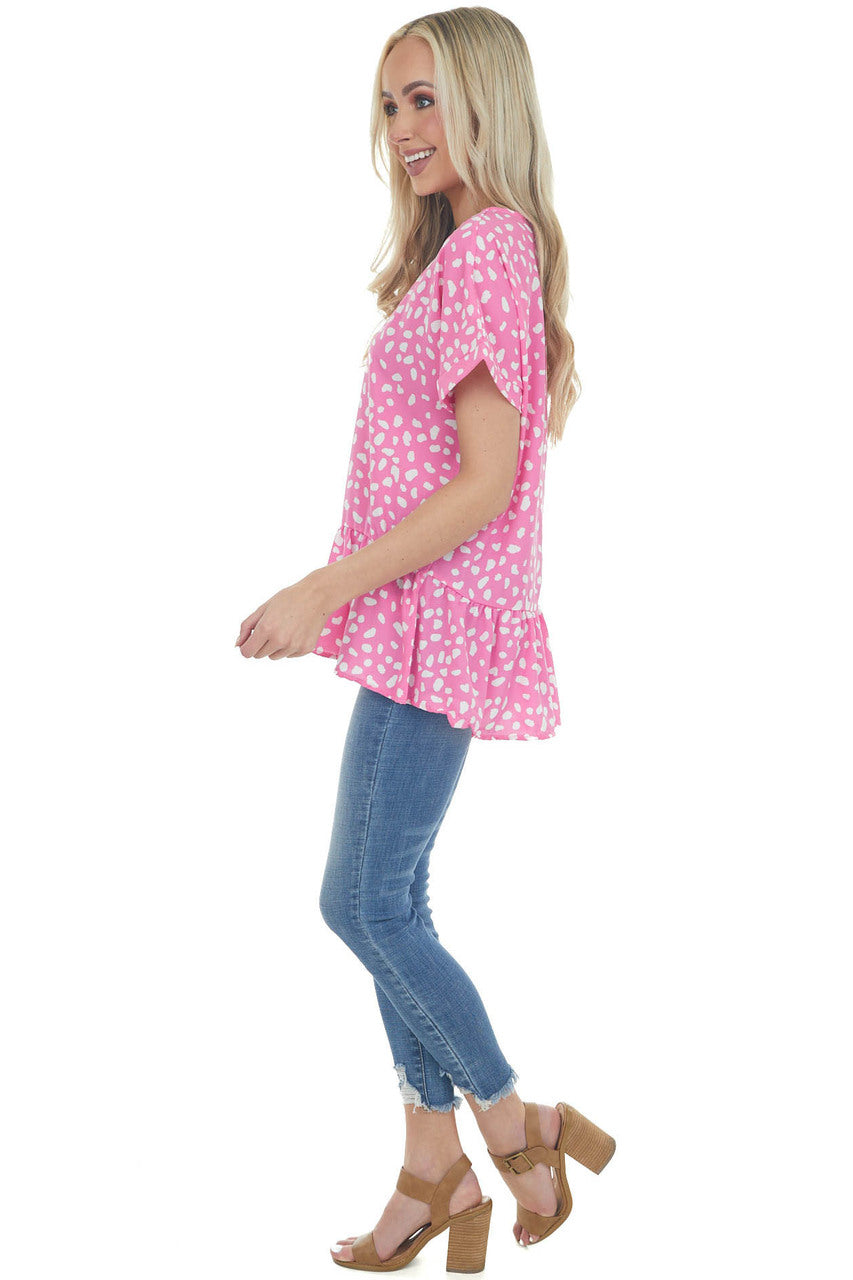 Magenta Spotted Print Drop Waist Blouse