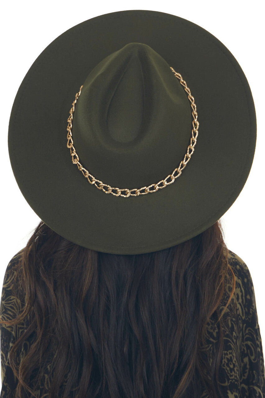Army Green Wide Brim Felt Hat with Gold Chain
