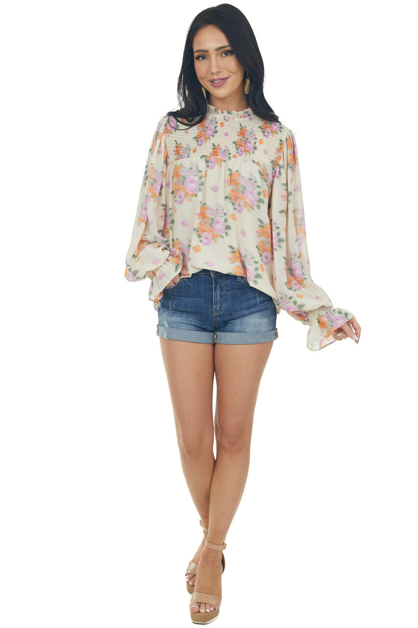 Light Sand Floral Print Smocked Yoke Blouse