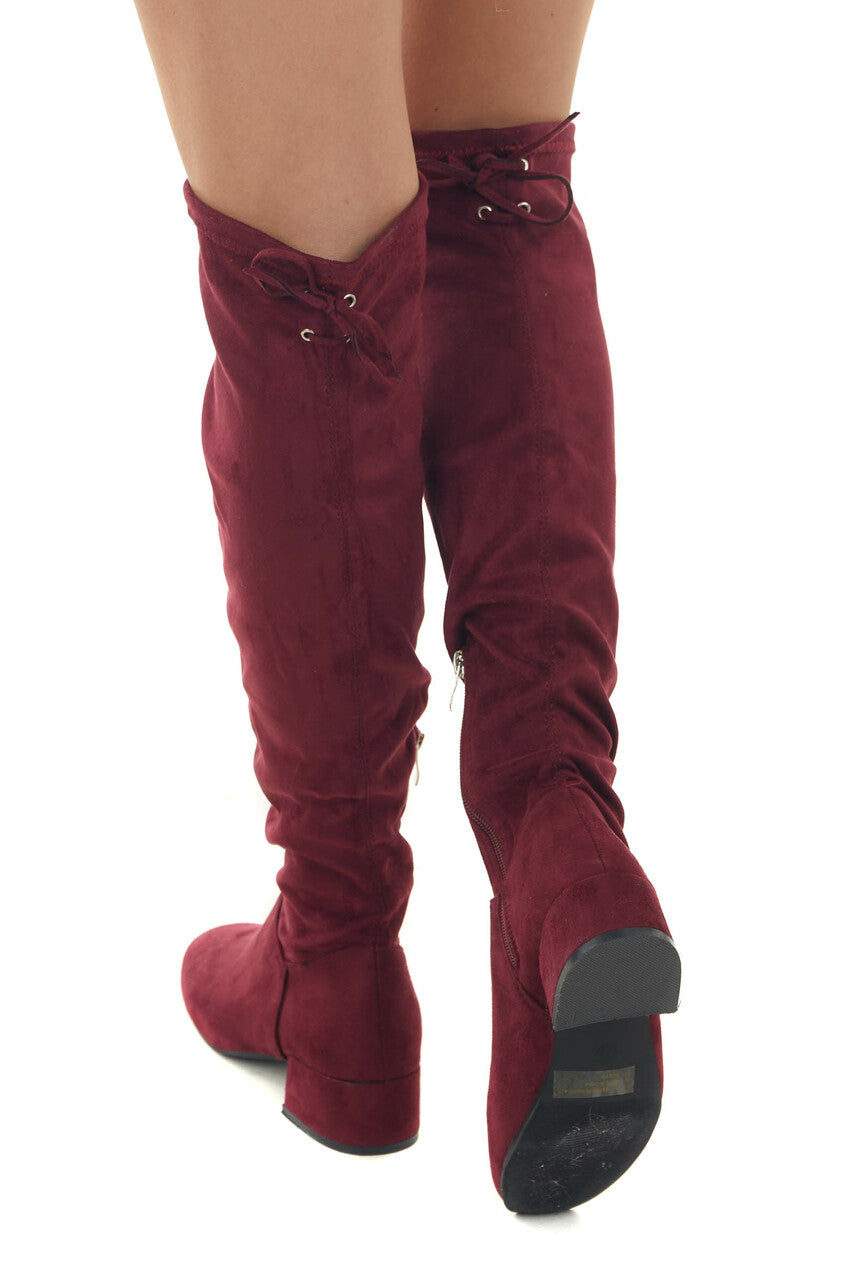 Wine Faux Suede Boots with Back Lace Up Detail 