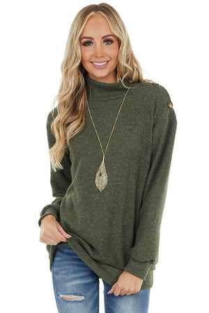 Olive Ribbed Knit Top with Mock Neck and Buttons