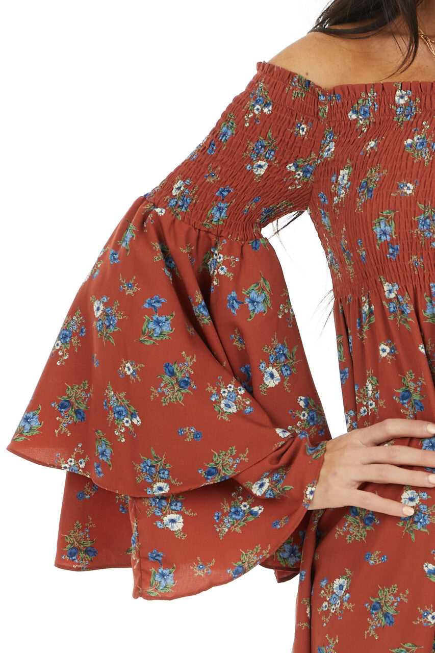 Brick Red Floral Print Off the Shoulder Mini Dress