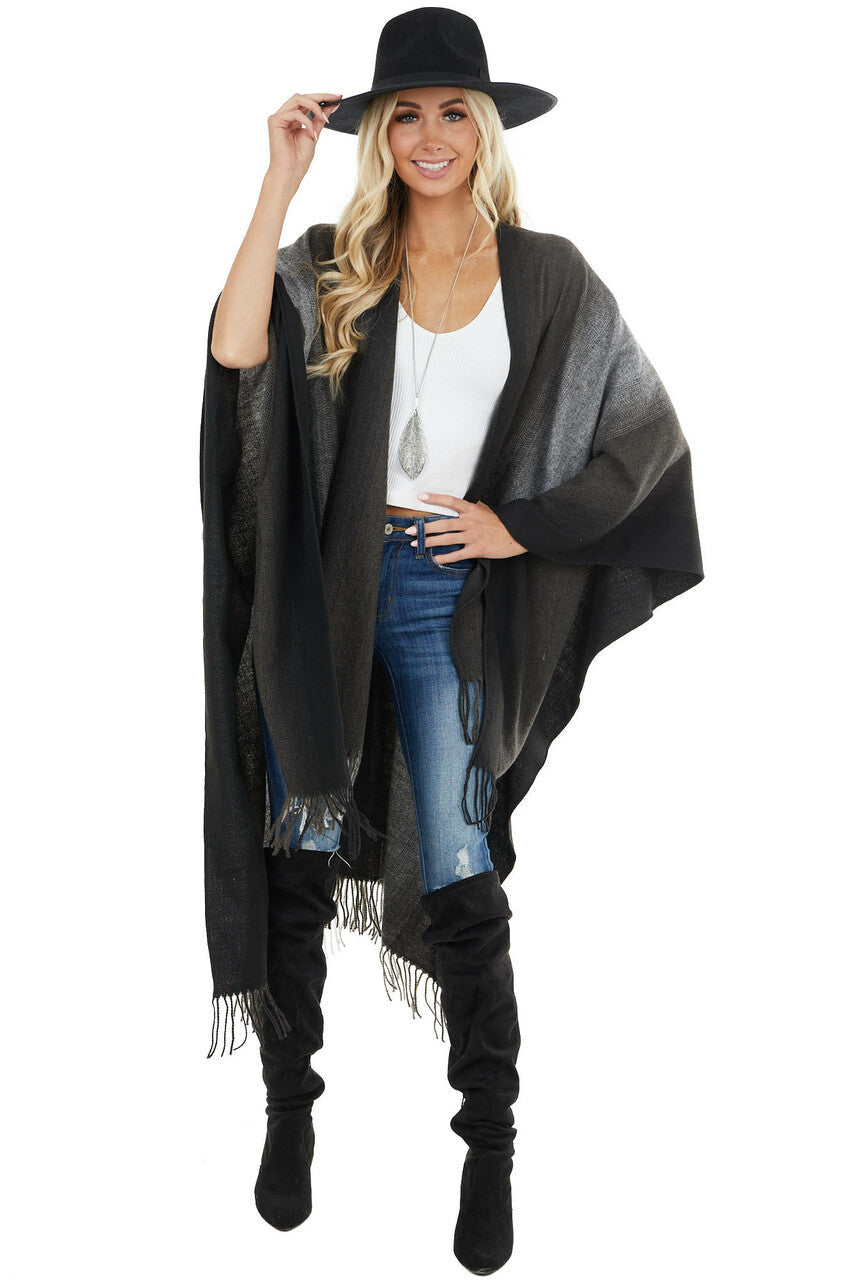 Charcoal Grey Ombre Colorblock Poncho with Fringe Detail 