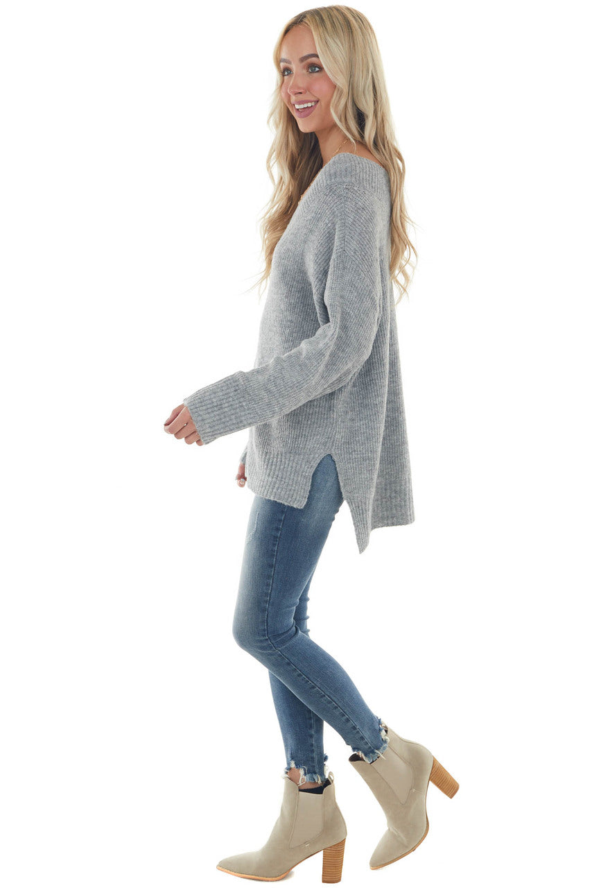 Dove Grey V Neck High Low Hem Ribbed Sweater