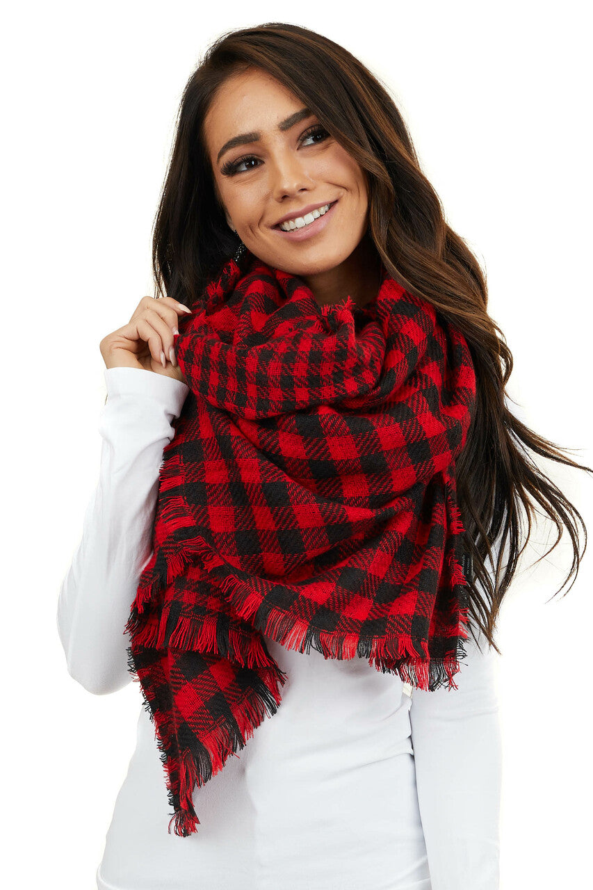 Black and Red Buffalo Plaid Long Scarf with Frayed Hemline