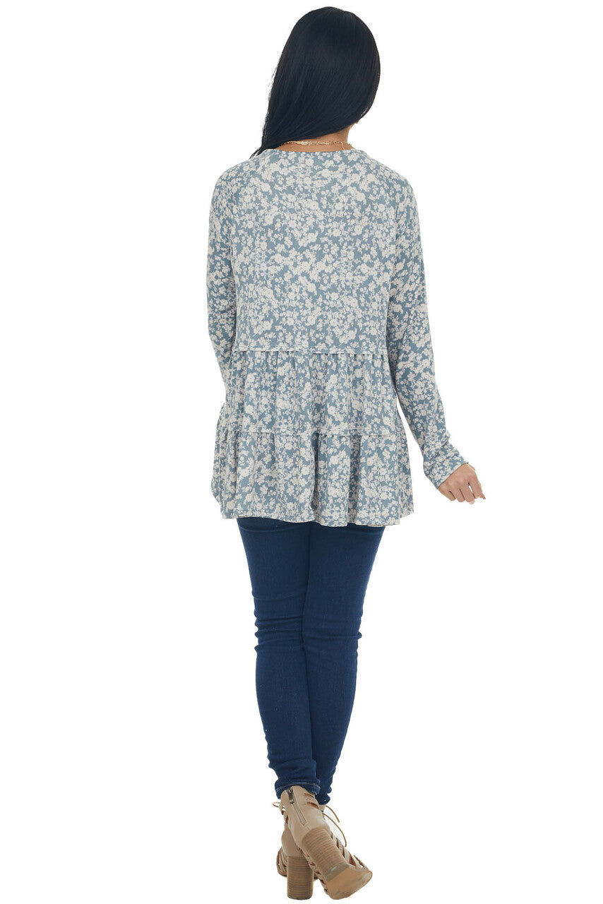 Sea Blue Floral Tiered Super Soft Knit Top