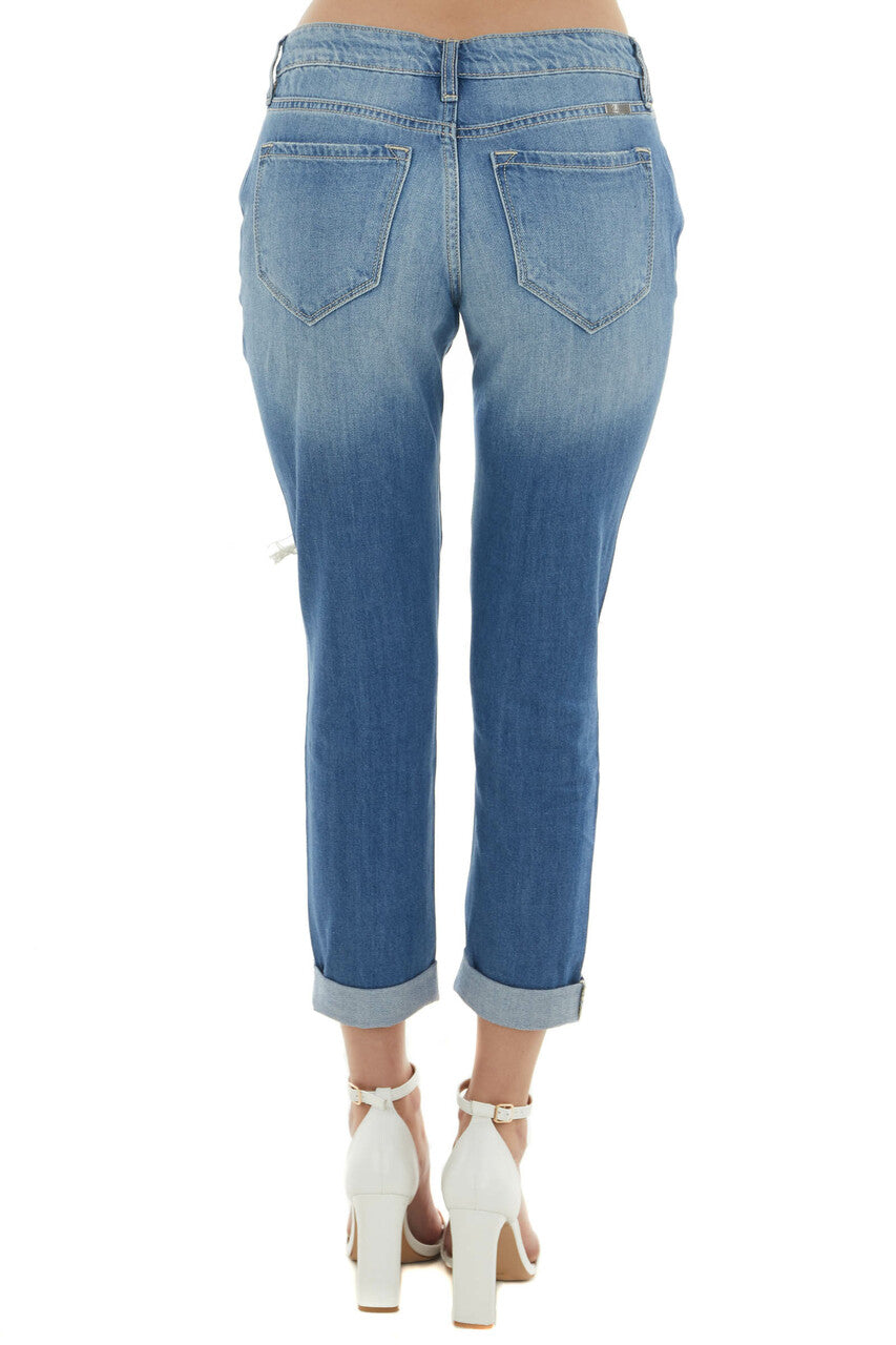 Mid Wash Mid Rise Heavy Torn Boyfriend Jeans