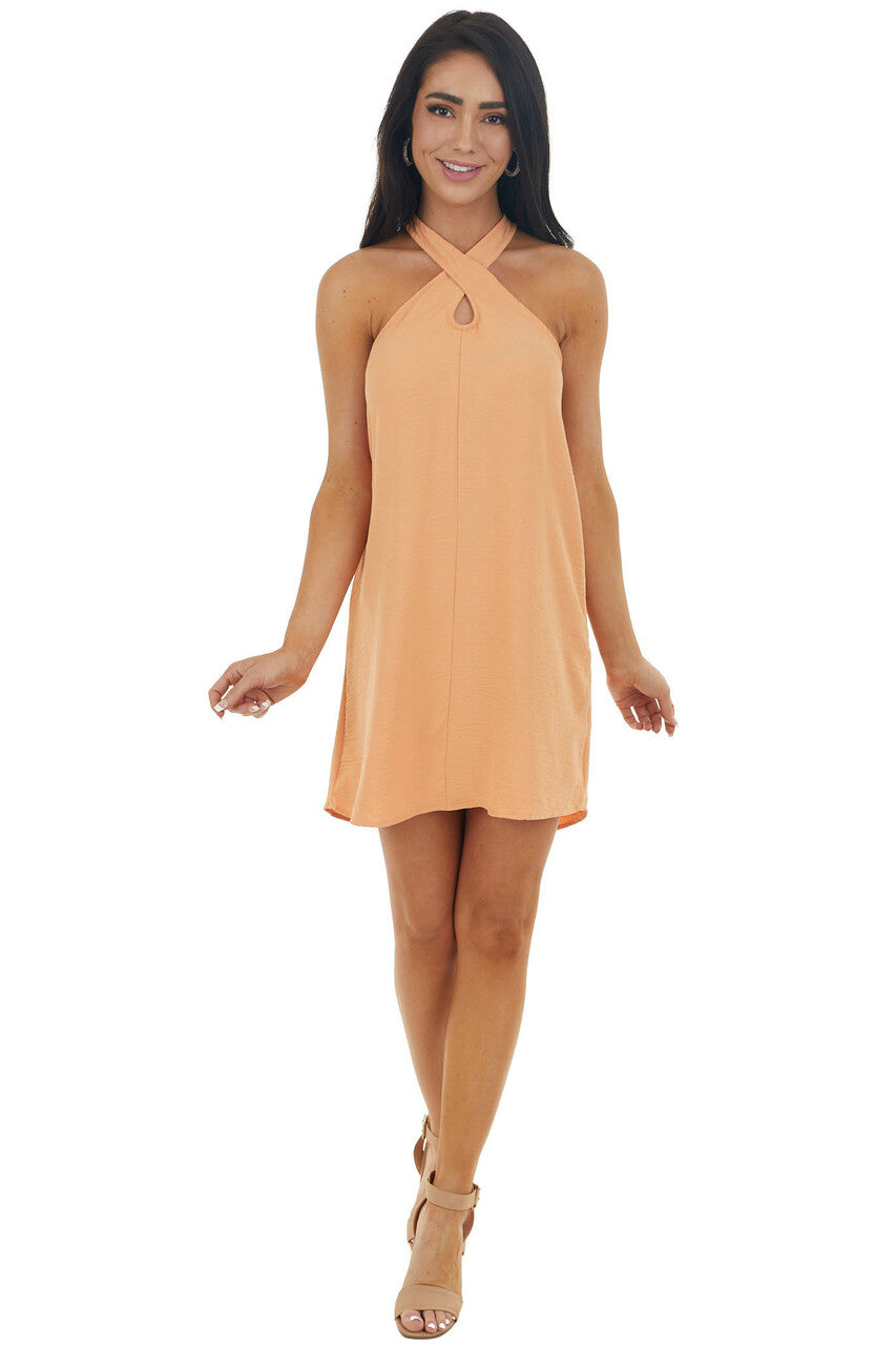 Melon Sleeveless Halter Neckline Short Woven Dress