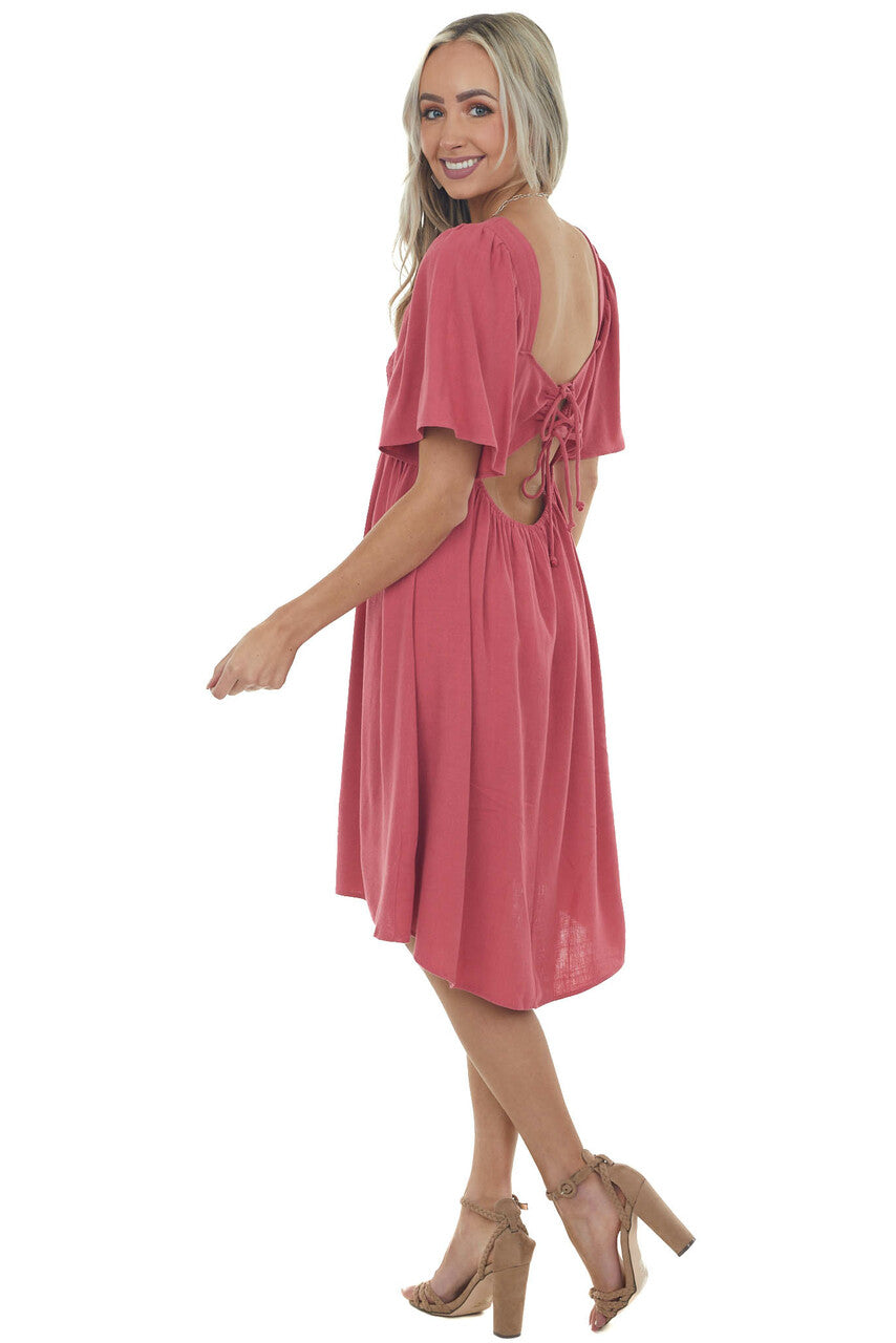 Punch Smocked Flutter Sleeve Linen Dress 