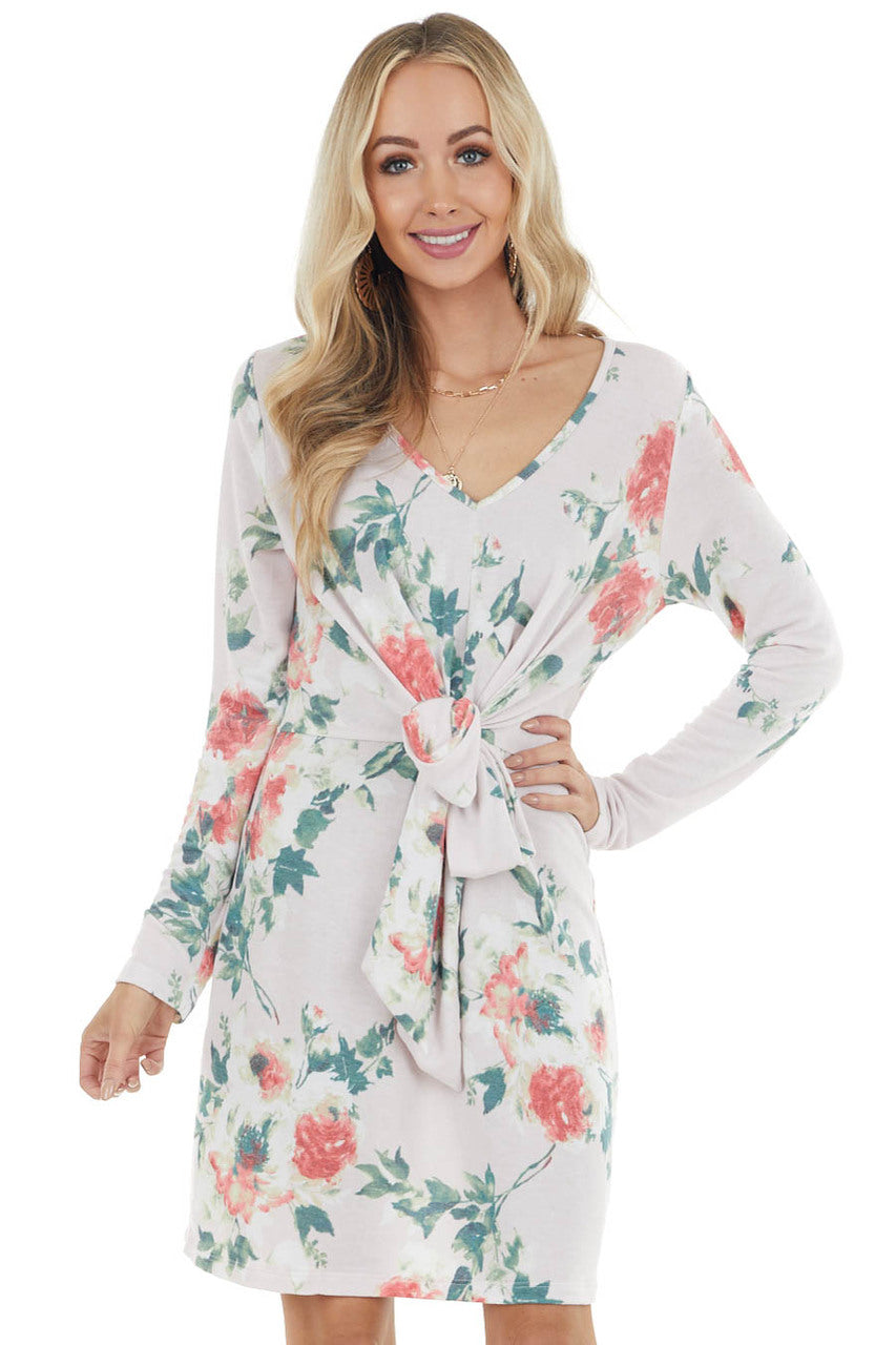 Light Blush Floral Long Sleeve Mini Dress with Front Tie