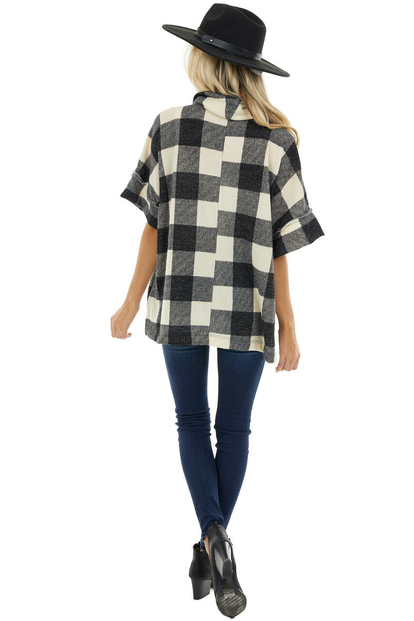 Charcoal and Cream Buffalo Plaid Oversize Top with Cowl Neck 