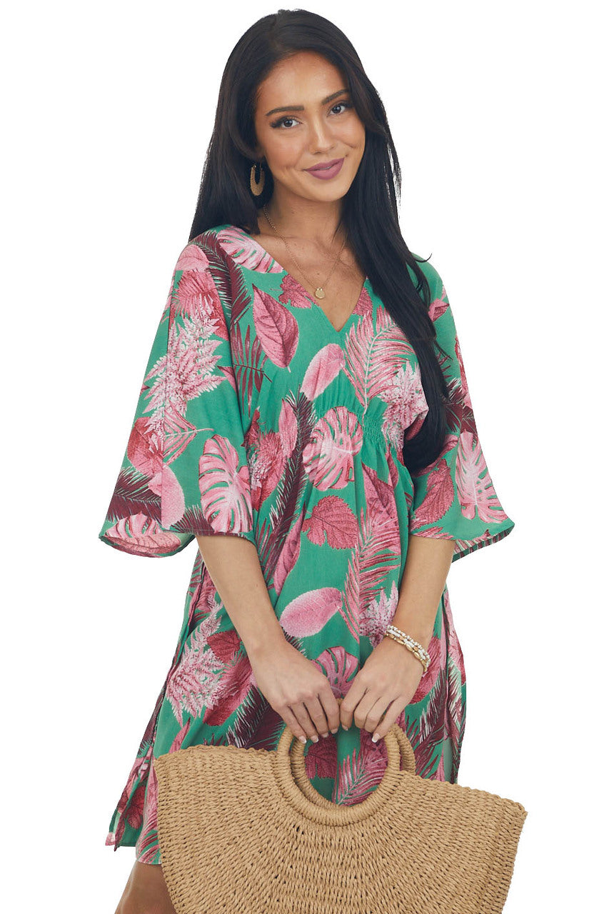 Jade and Hibiscus Leaf Print Half Sleeve Dress 