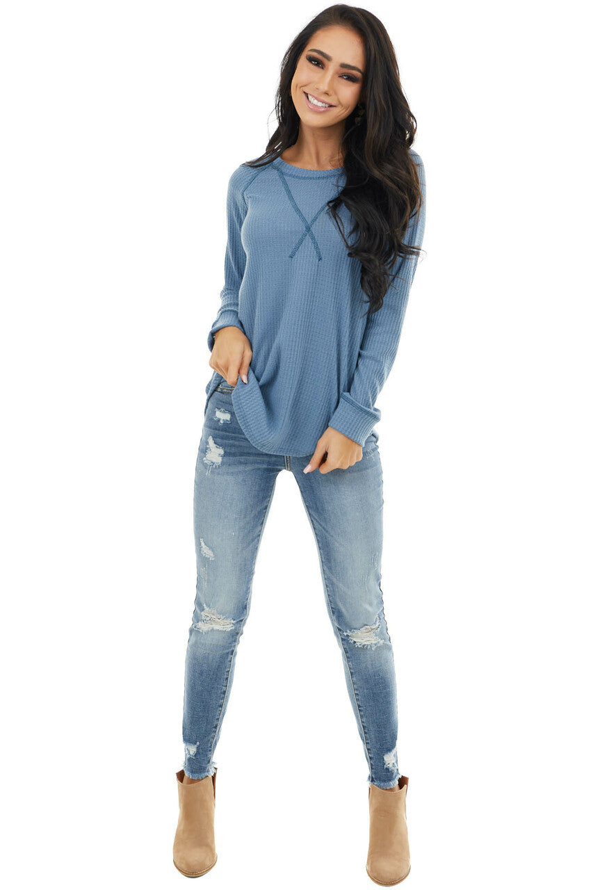 Dusty Blue Waffle Knit Long Sleeve Top with V Stitch
