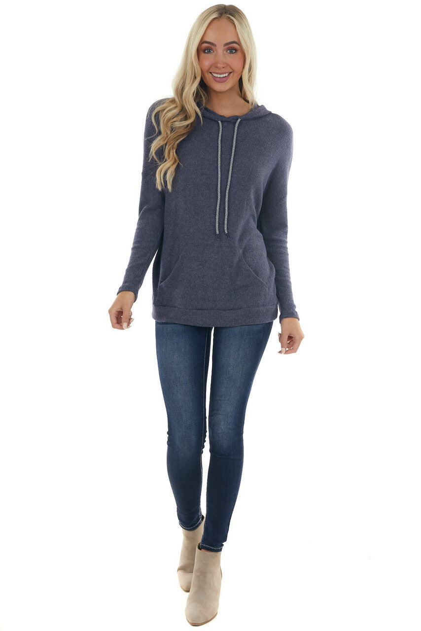 Navy Knit Sweatshirt with Striped Drawstrings 