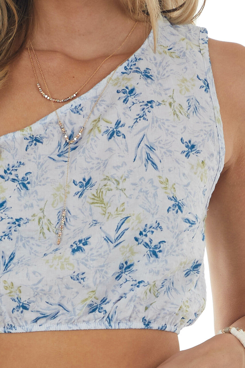 Pastel Blue Floral One Shoulder Crop Woven Top