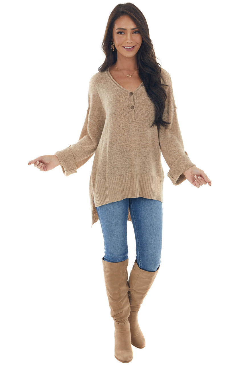 Latte Button Up Rolled Cuff Loose Knit Sweater 