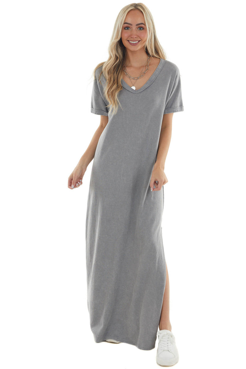 Steel Short Sleeve V Neck Maxi Tee Shirt Dress 