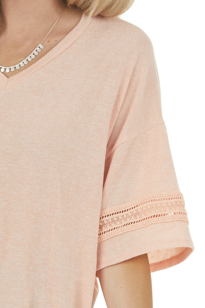 Melon Drop Sleeve Stretchy Knit Top with Crochet Details