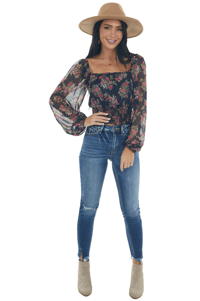 Dark Navy Floral Sheer Bubble Sleeve Crop Top