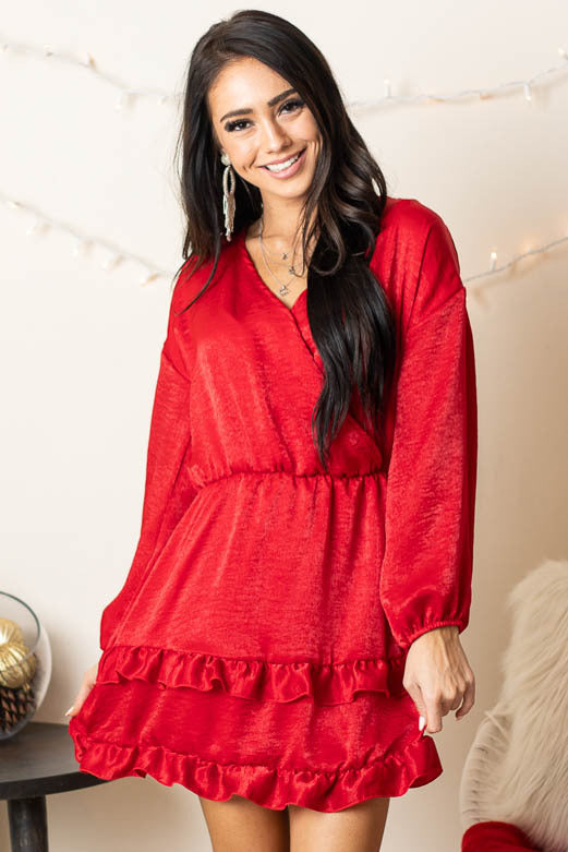 Cherry Surplice Ruffled Satin Mini Dress with Elastic Waist