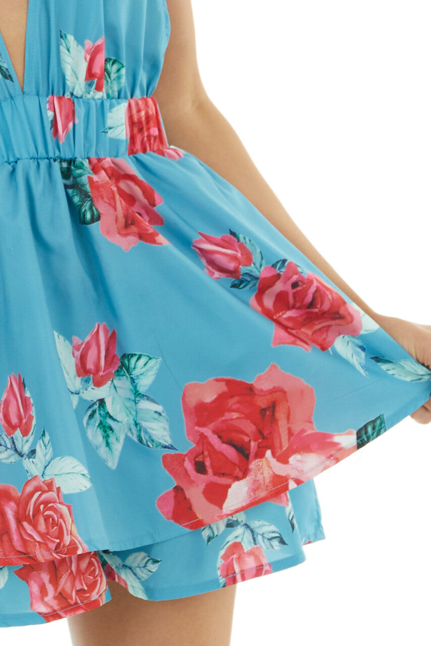 Ocean Floral Print Woven Sleeveless Romper with Skirt Overlay