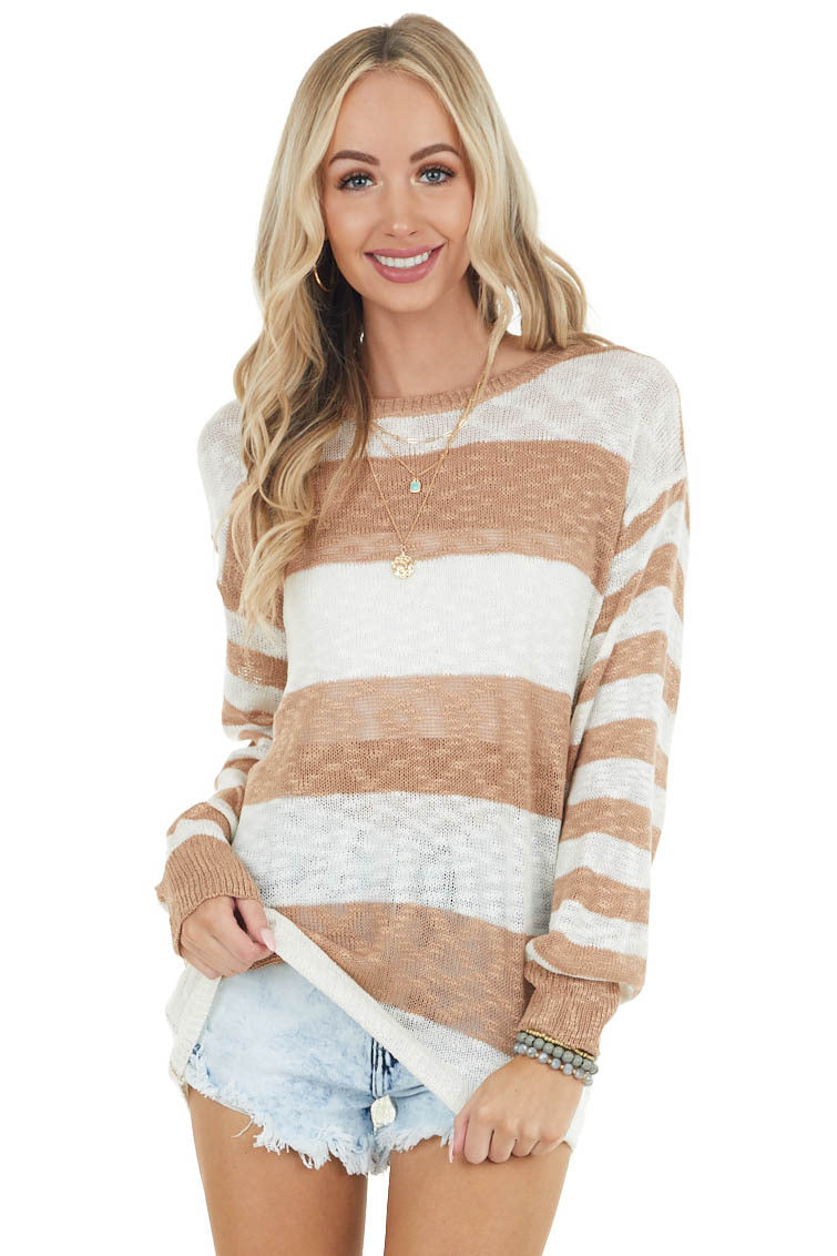 Ivory and Camel Striped Loose Knit Lightweight Sweater 