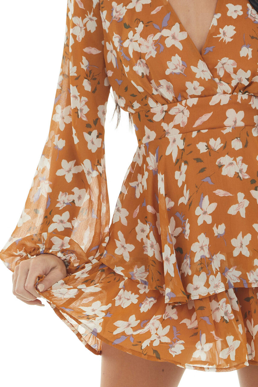 Caramel Floral Print Surplice Tiered Romper 