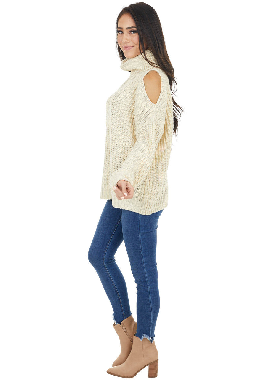 Cream Long Sleeve Knit Sweater with Cold Shoulder