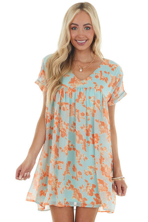 Aqua and Sunset Floral Babydoll Woven Dress