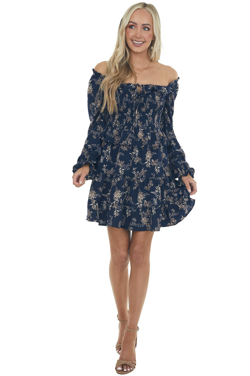 Navy and Champagne Smocked Tiered Woven Dress