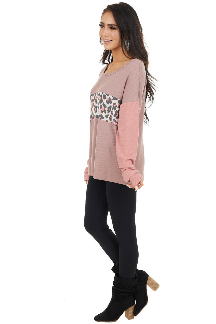Dusty Rose Leopard Print Colorblock Long Sleeve Top