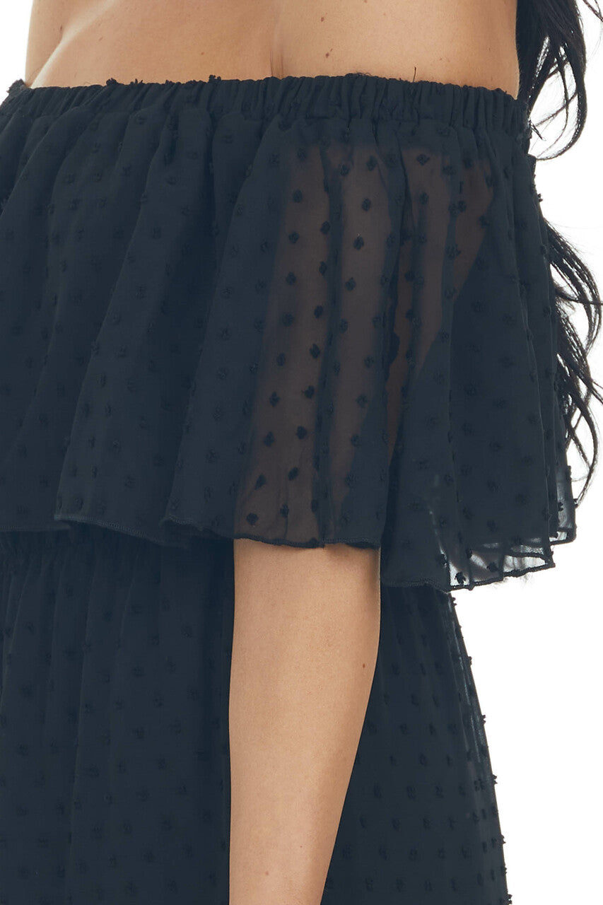 Black Swiss Dot Ruffled Off the Shoulder Maxi Dress