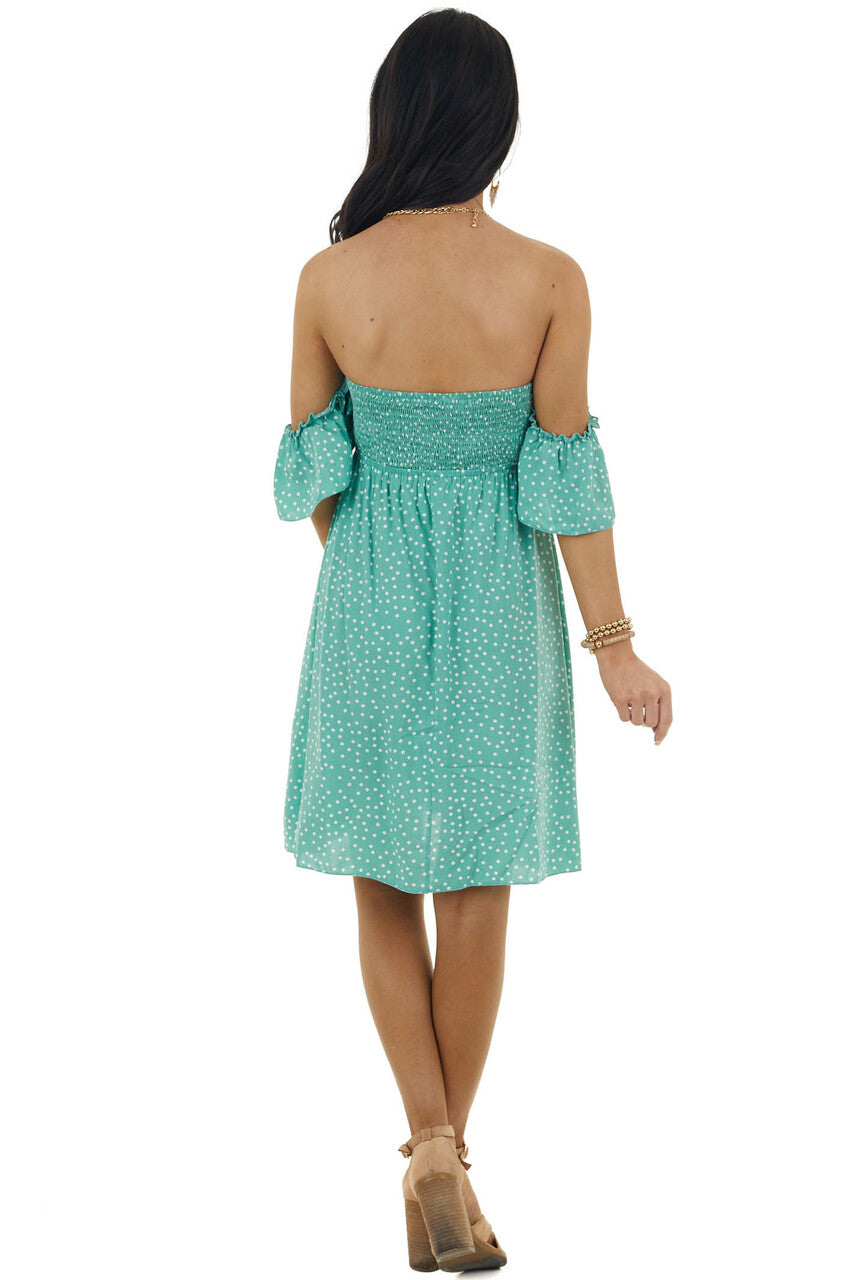 Light Juniper Polka Dot Off the Shoulder Dress with Ruching 