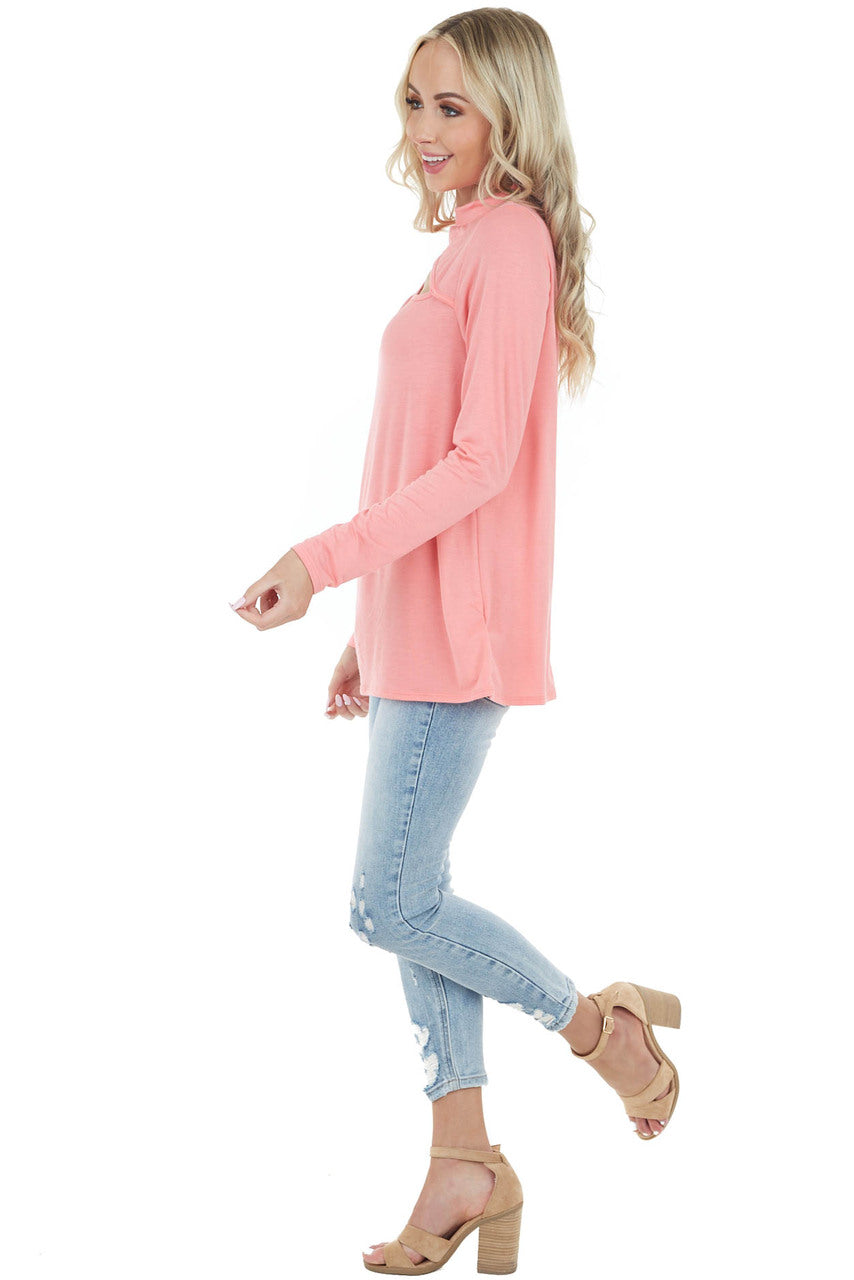 Coral Chest Cut Out Stretchy Knit Top with Long Sleeves