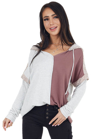 Marsala Colorblock Long Sleeve Hoodie with Cheetah Print