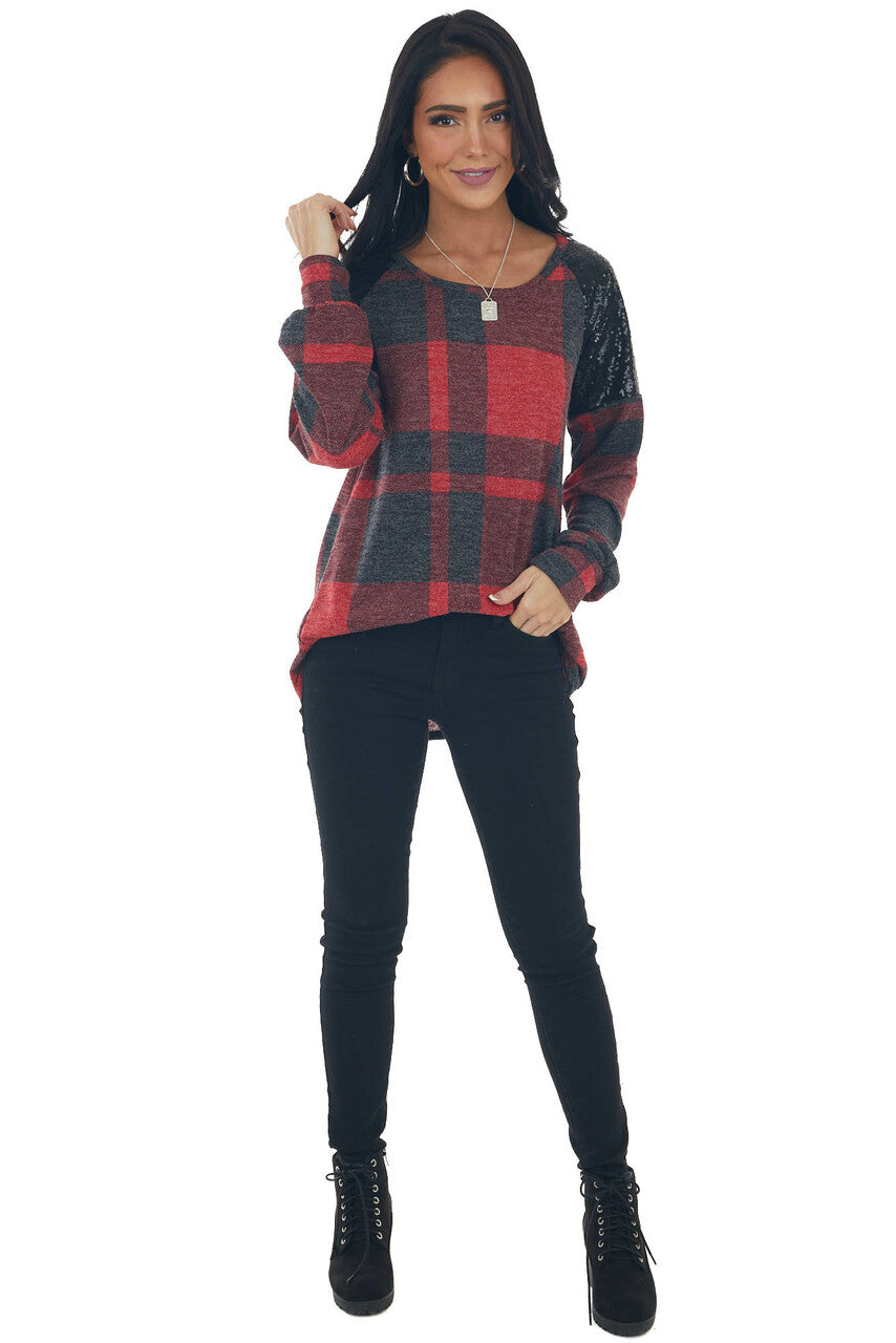 Pomegranate Plaid Black Sequin Shoulder Top