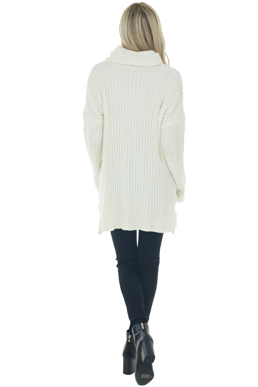 Cream Chenille Ribbed Cowl Neck Sweater