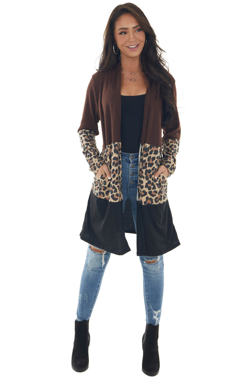 Chocolate Colorblock Leopard Print Cardigan