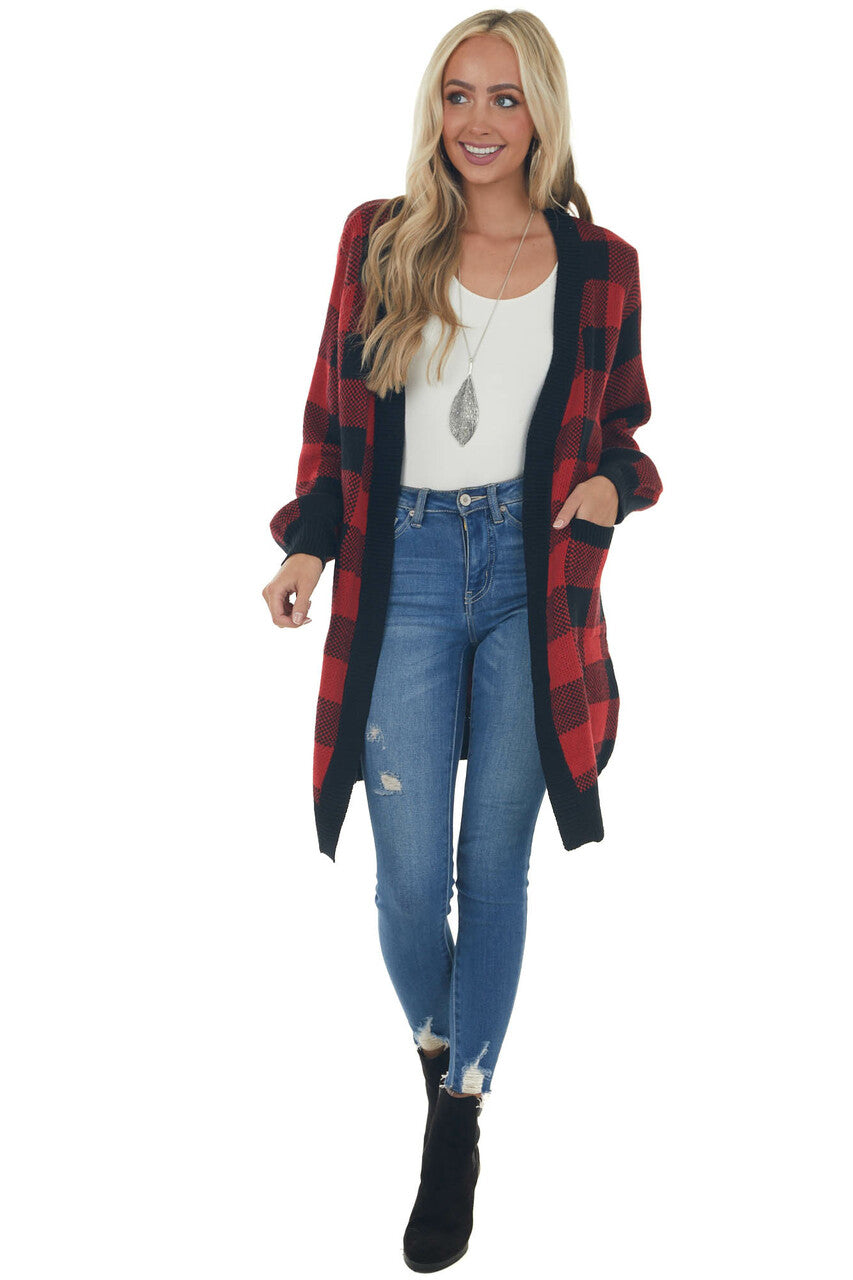 Pomegranate Buffalo Plaid Puff Sleeve Cardigan