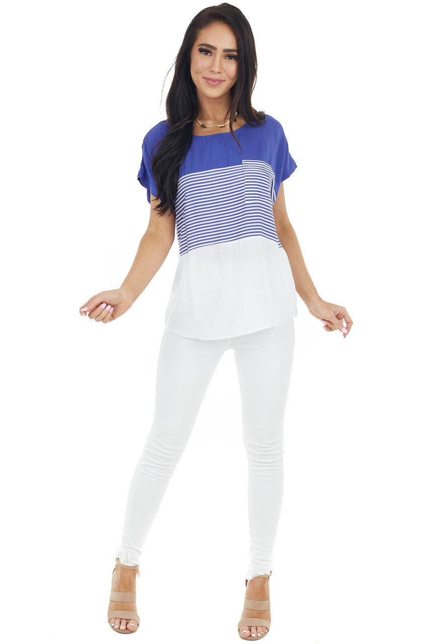 Royal Blue and White Colorblock Striped Short Sleeve Top