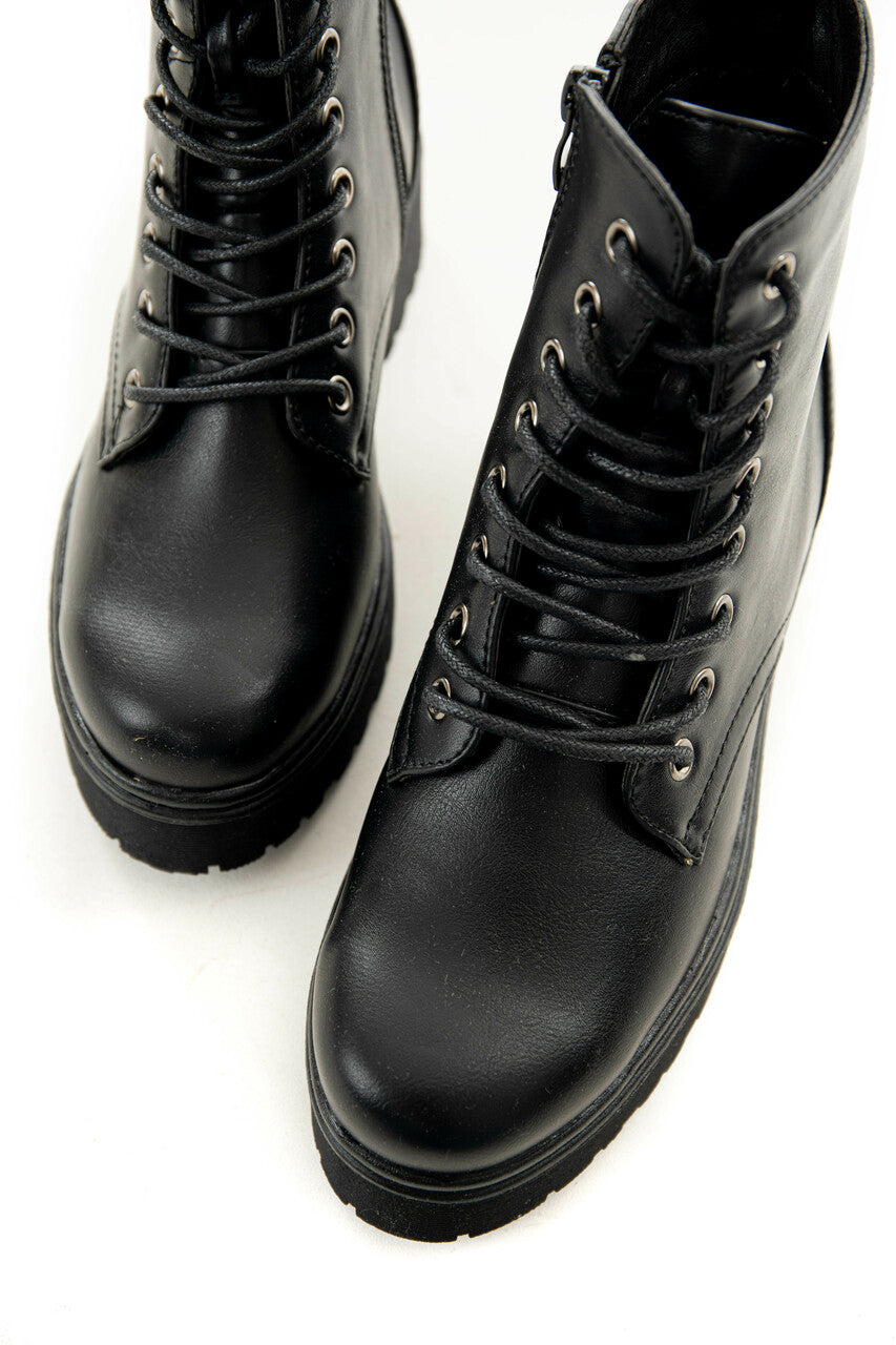 Black Faux Leather Lace Up Combat Booties