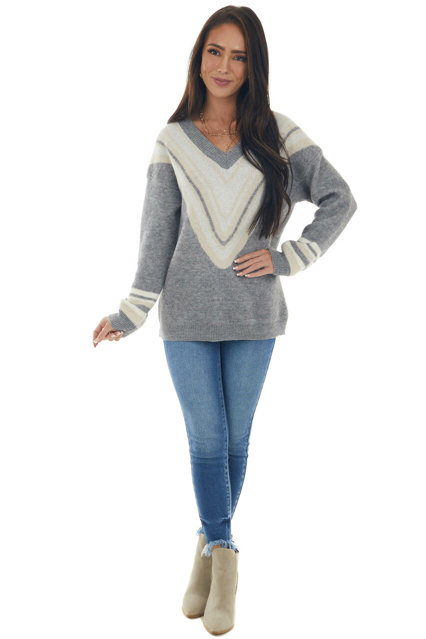 Heathered Steel Striped Chevron V Neck Sweater 