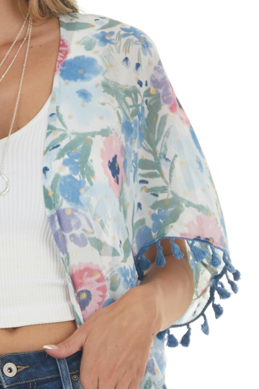 Dusty Blue Floral Chiffon Open Front Kimono