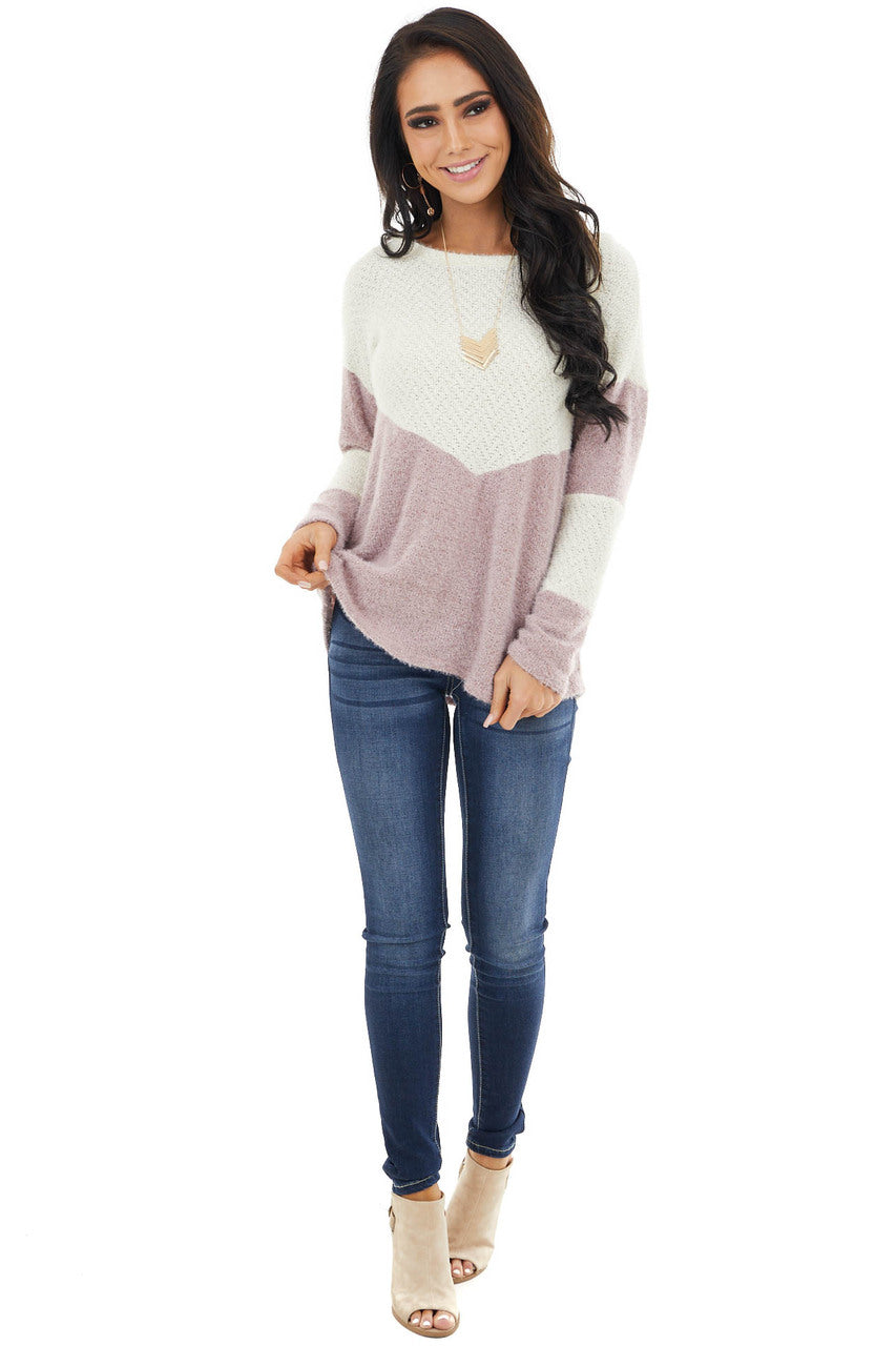 Mauve and Cream Colorblock Sweater with Loose Knit Detail 