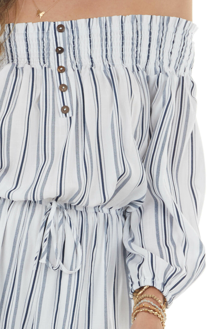 Off White and Navy Striped Romper with Buttons