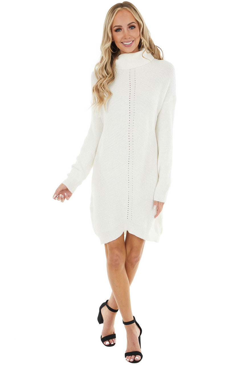 Ivory Cowl Neck Sweater Dress with Small Cutout Details
