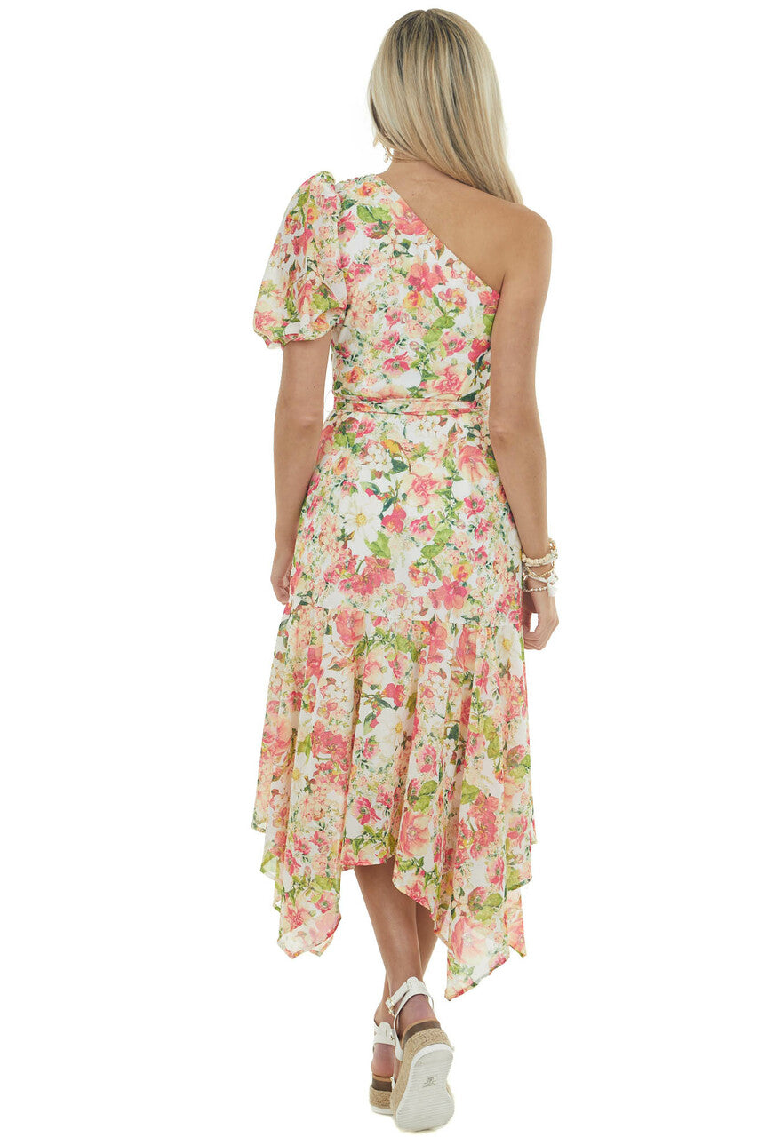 Ivory Floral Print One Shoulder Midi Dress