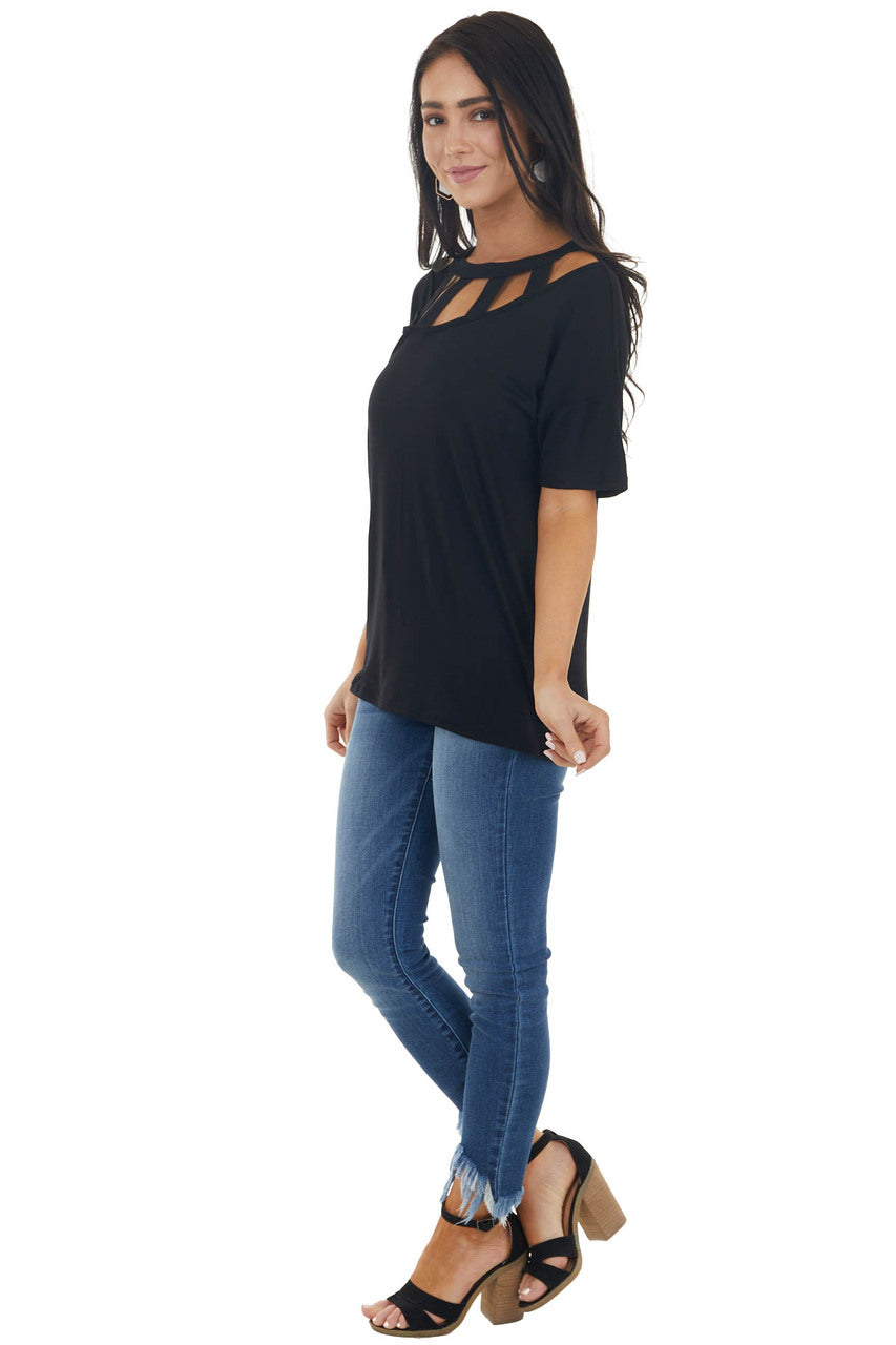 Black Short Sleeve Knit Top with Caged Neckline