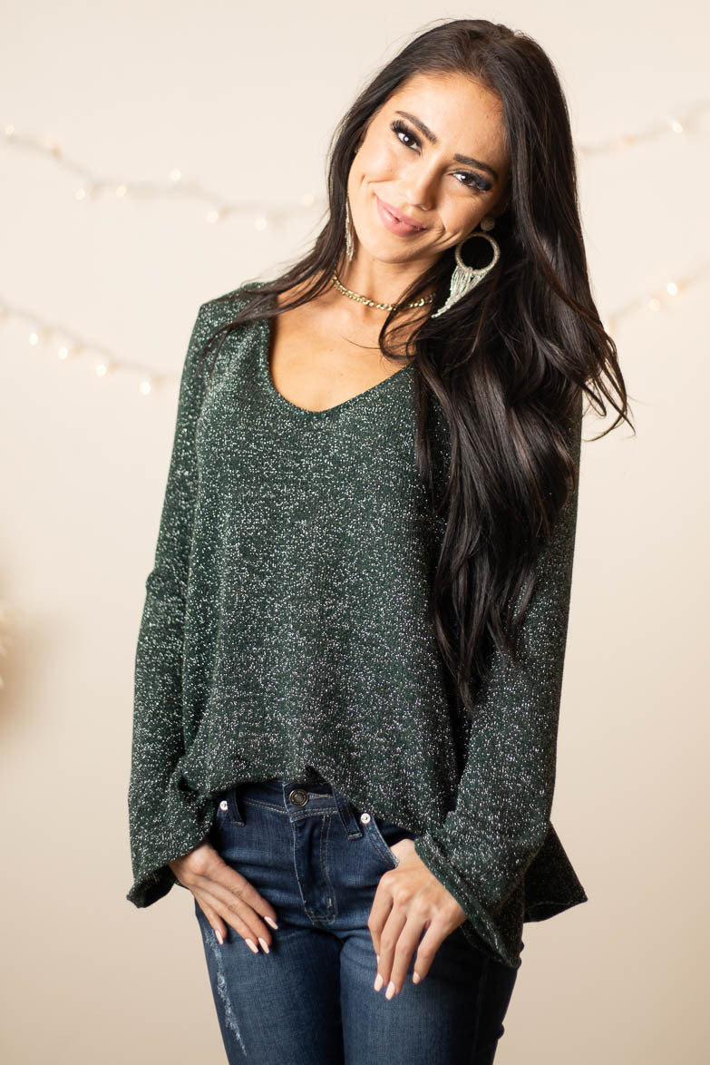 Dark Green Long Sleeve Top with Silver Thread Details